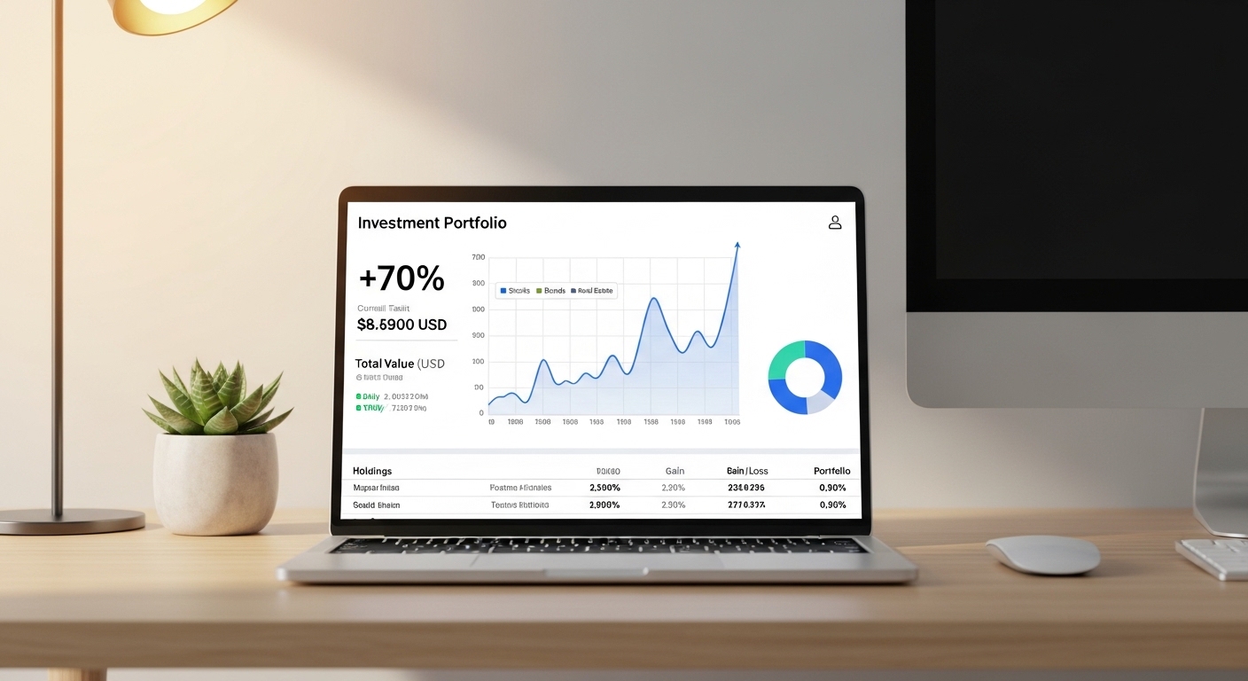 Portátil mostrando dashboard de fondos indexados con gráfico de rentabilidad ascendente a largo plazo
